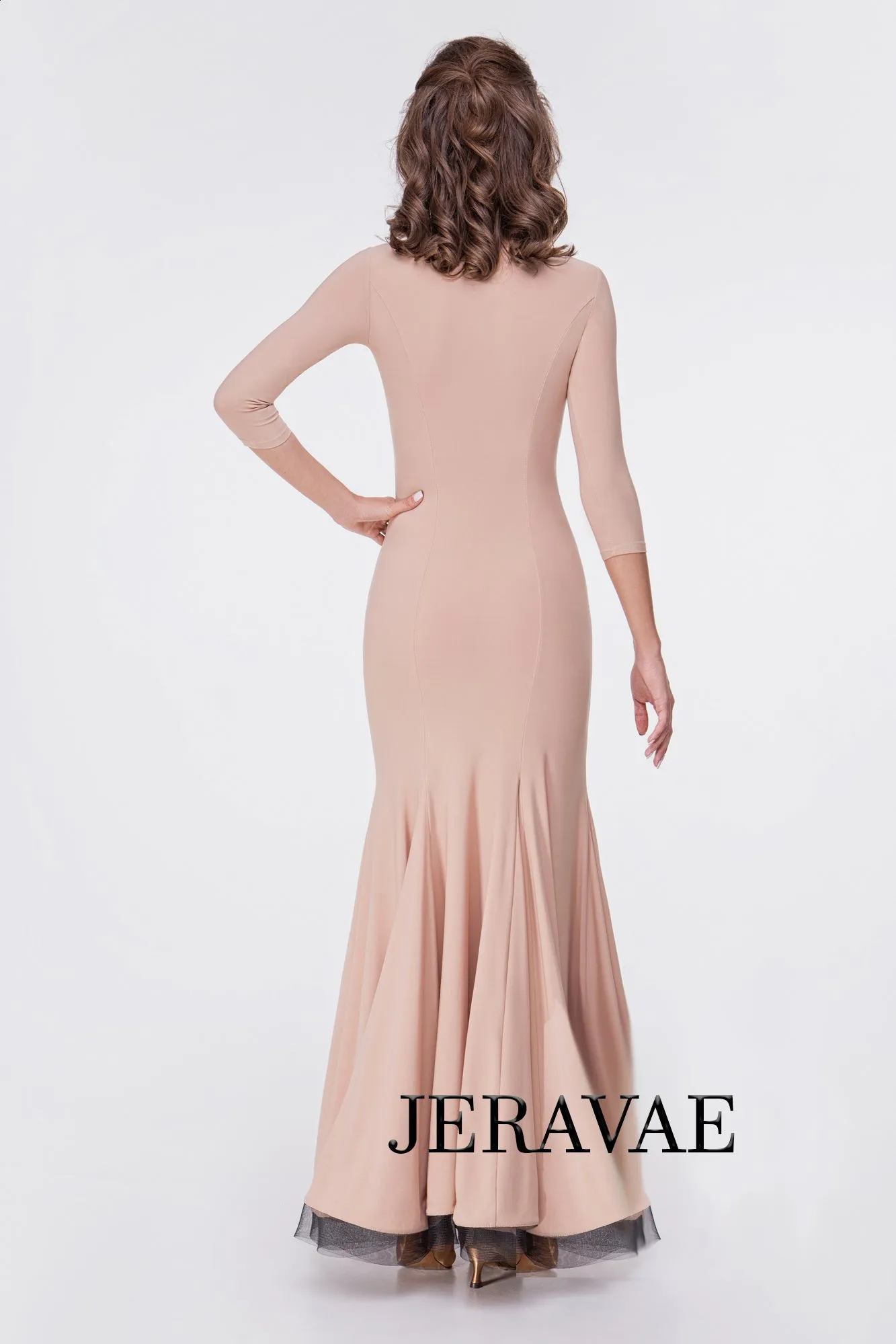 Classy Ballroom Practice Dress with 3/4 Sleeves and Horsehair Hem in Light Peach PRA 622