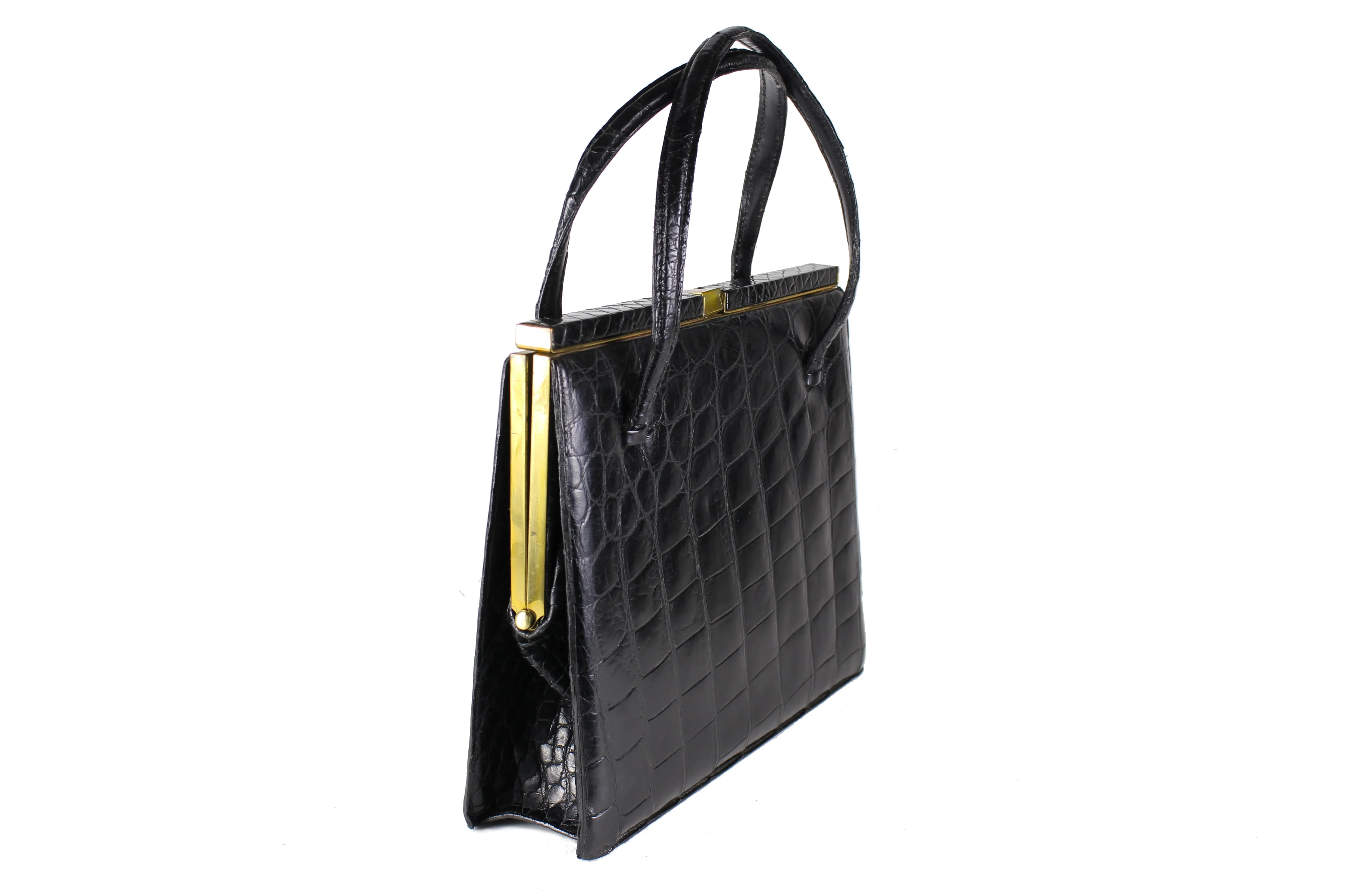 DEAUVILLE black crocodile skin handbag with twin handles