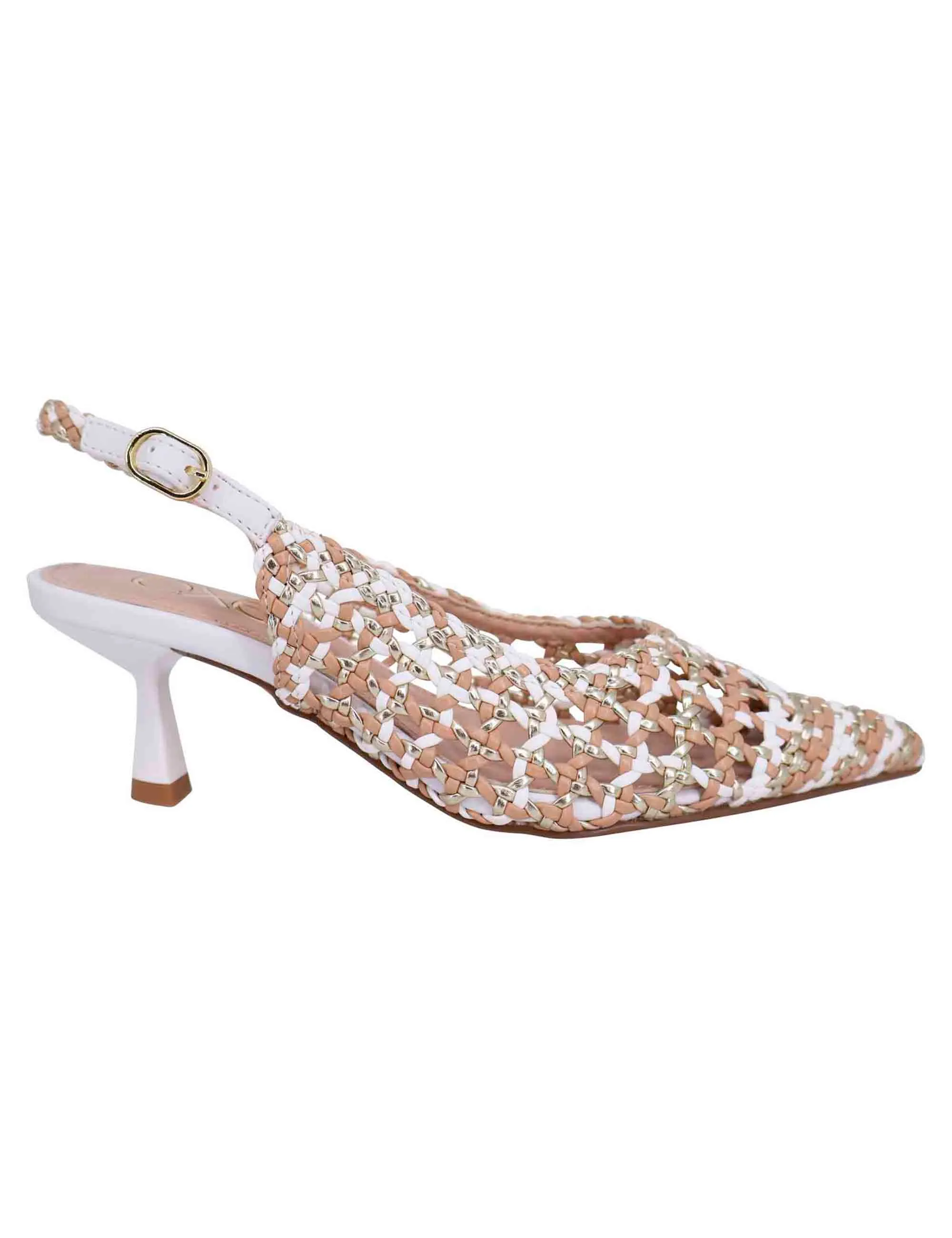 Decollete slingback donna in eco pelle laminata bronzo multicolore con tacco bianco