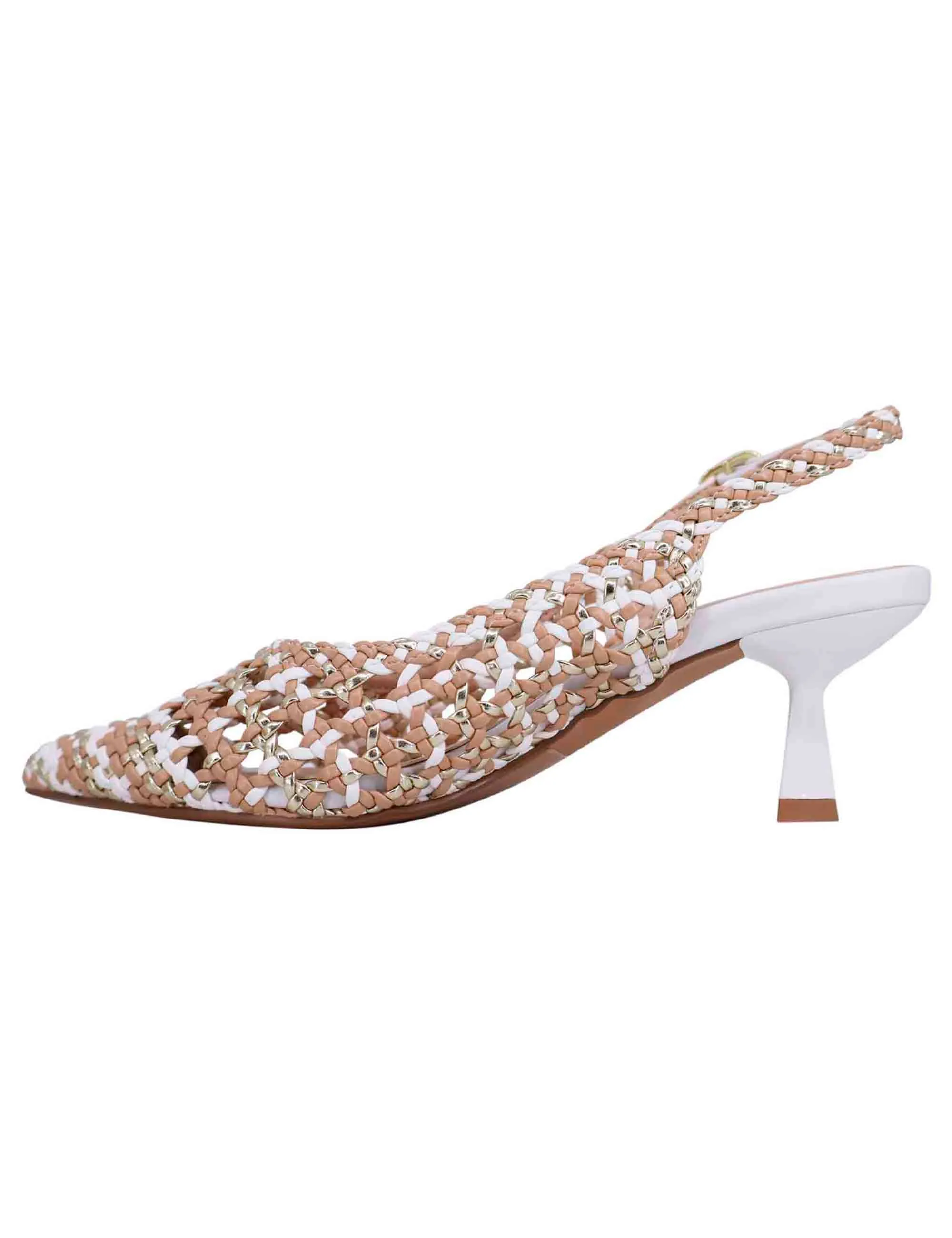 Decollete slingback donna in eco pelle laminata bronzo multicolore con tacco bianco