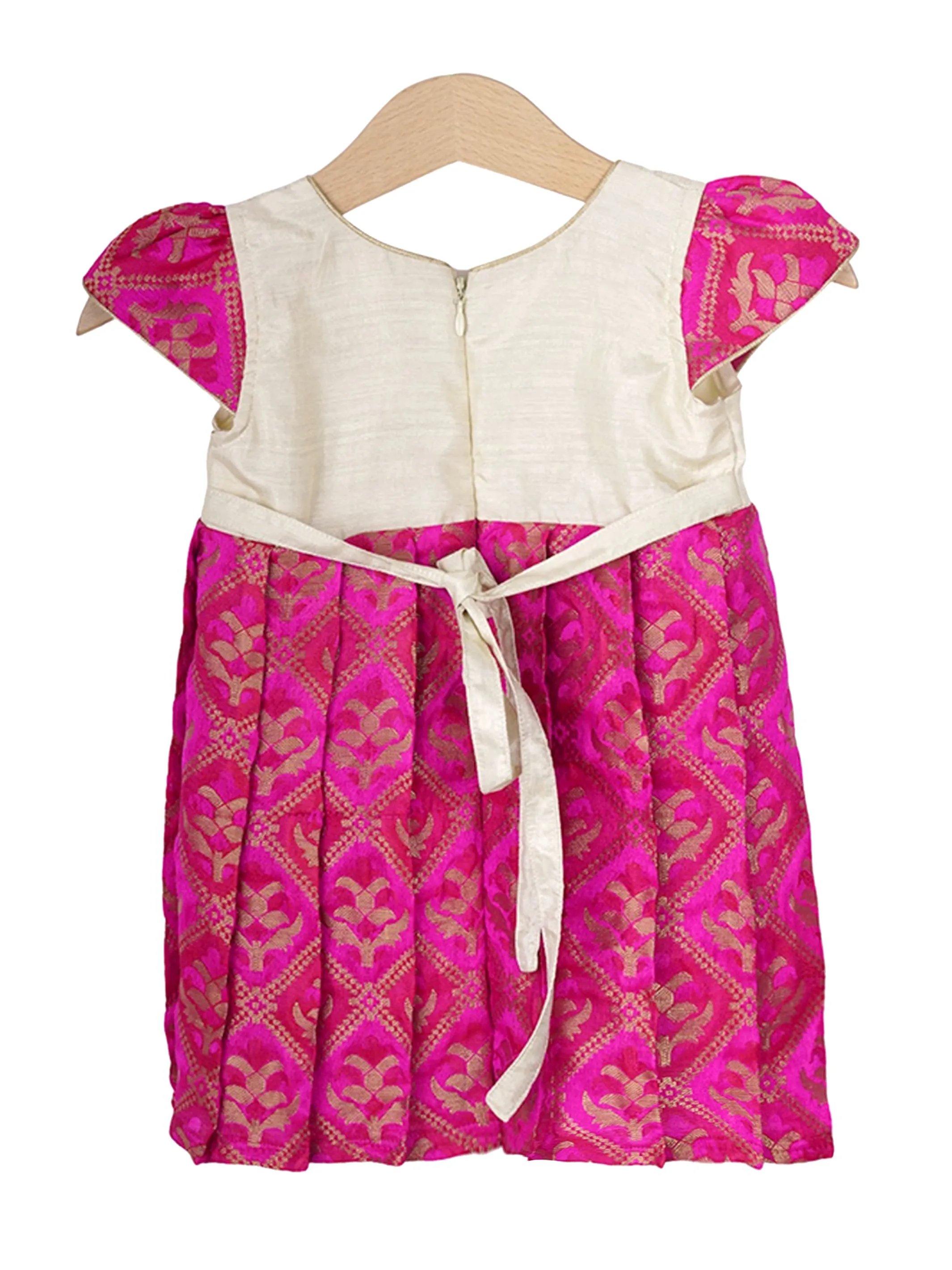 Deep Pink Semi Silk Cotton Party Gown For Baby Girls