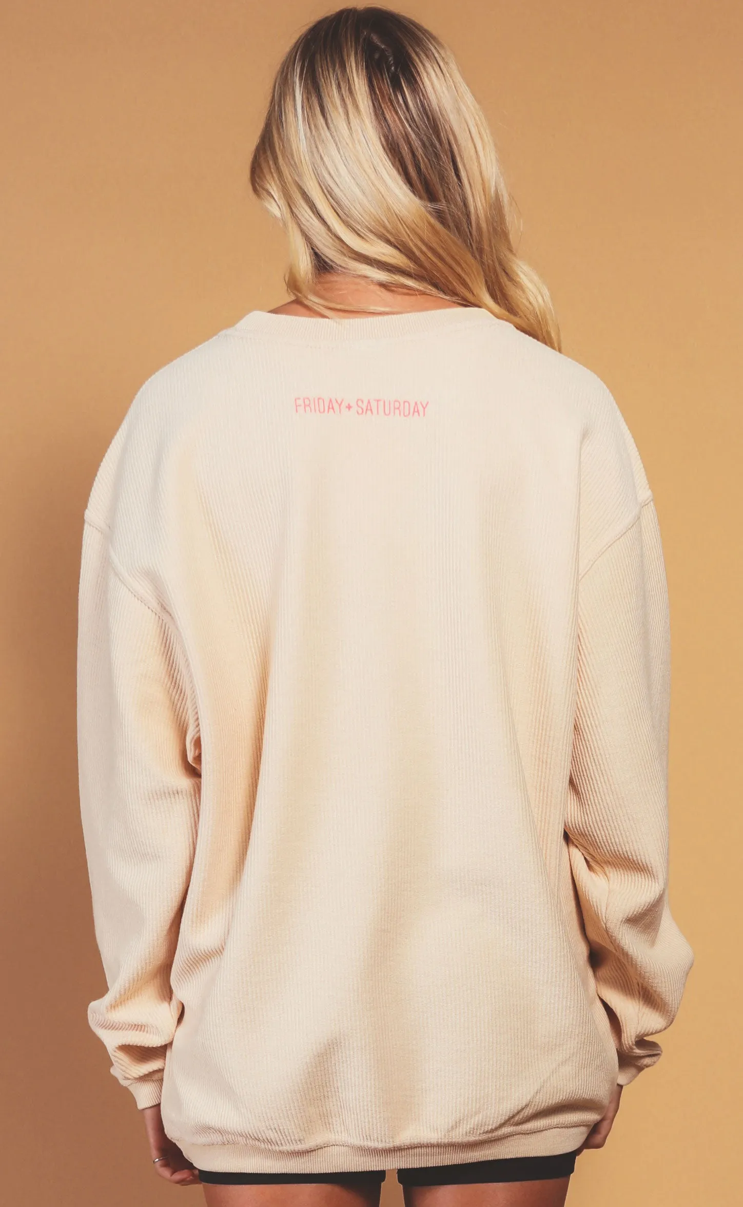 friday   saturday: big nap girl corded sweatshirt - hot pink/beige