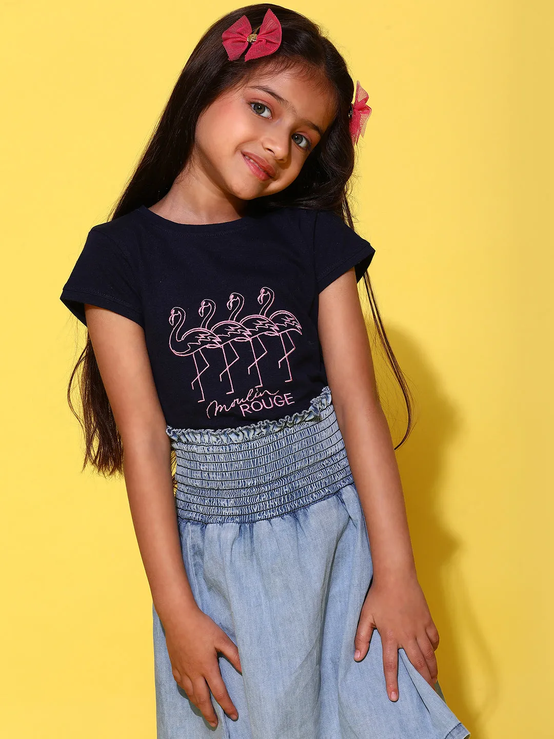 Girls Printed Navy Blue Cotton Regular Fit T-Shirts