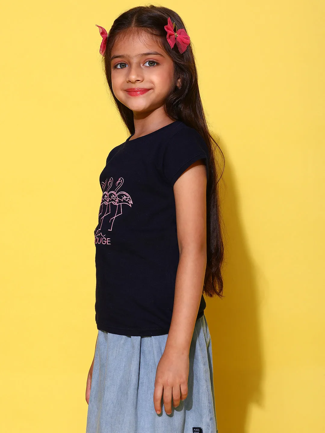 Girls Printed Navy Blue Cotton Regular Fit T-Shirts