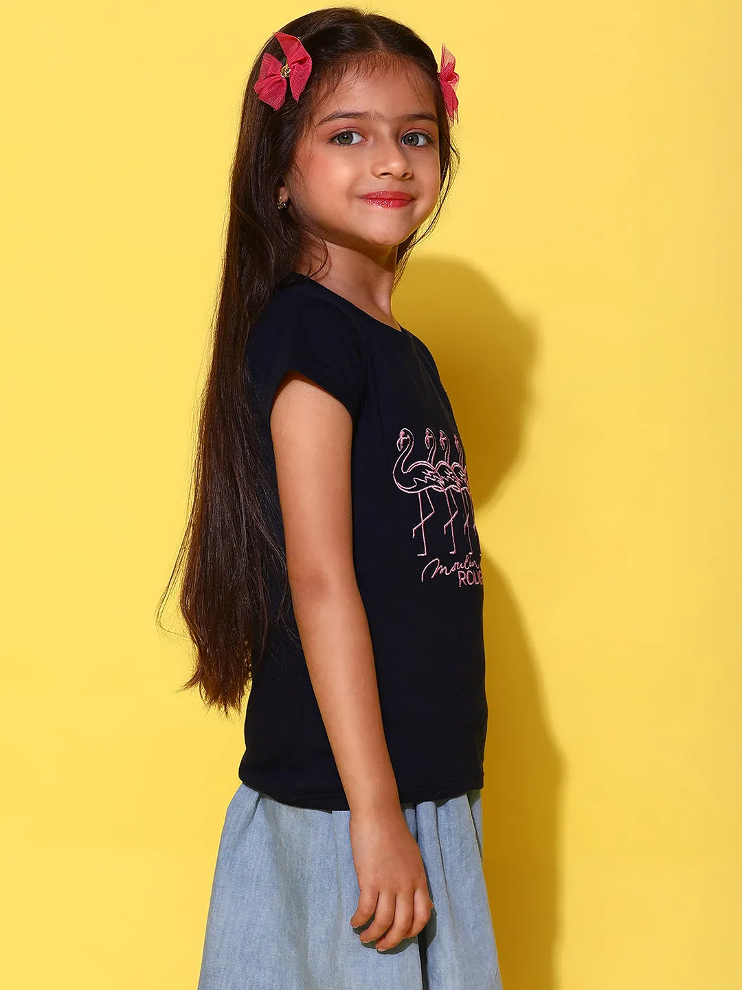 Girls Printed Navy Blue Cotton Regular Fit T-Shirts