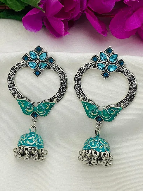 Gorgeous Oxidized Long Jhumka Teal Green Colored Earrings