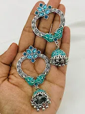 Gorgeous Oxidized Long Jhumka Teal Green Colored Earrings