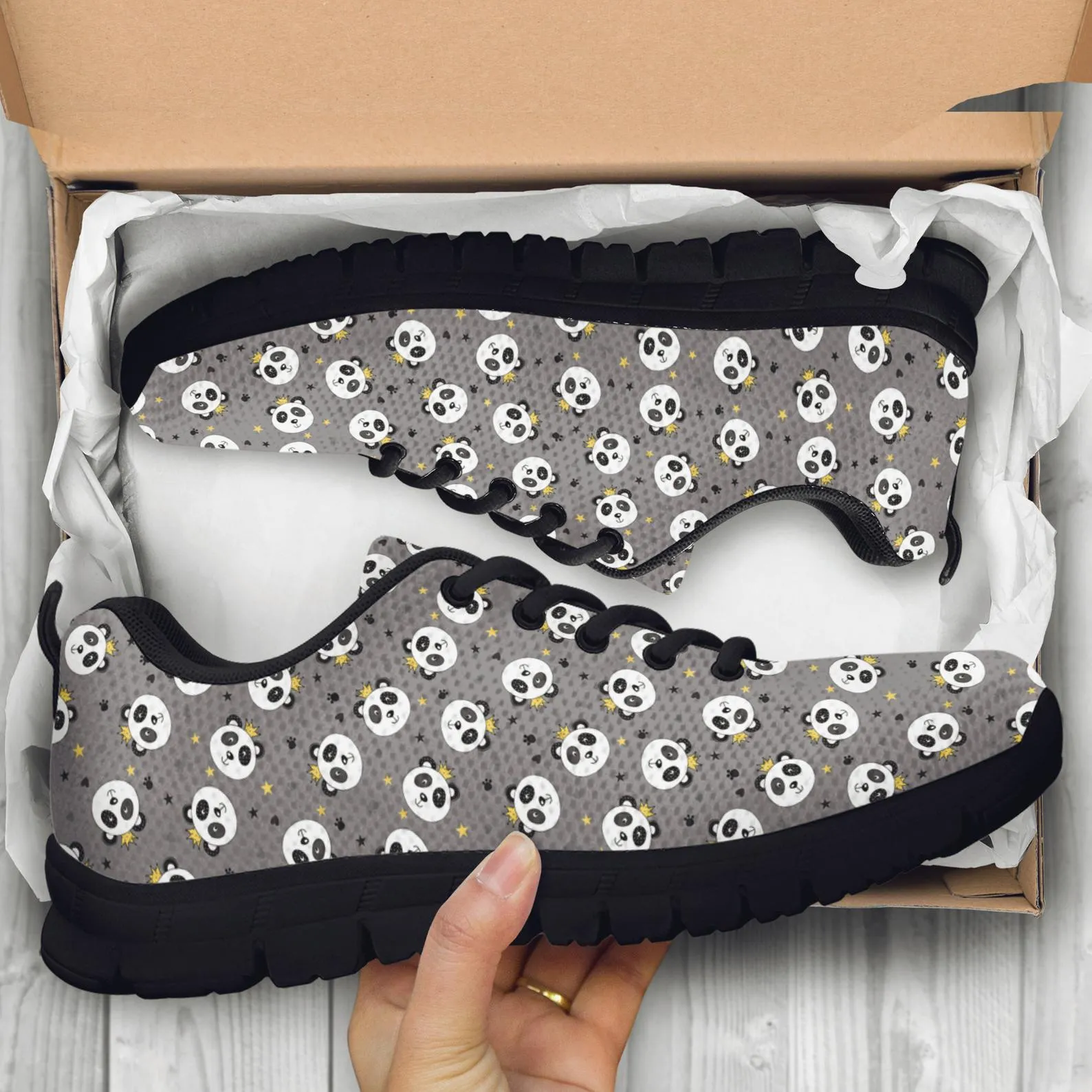 Grey Panda Shoes Panda Print Sneakers Panda Running Shoes Athletic Casual Shoes Panda Lover Gifts Clothing for Womens Mens Kids Adults