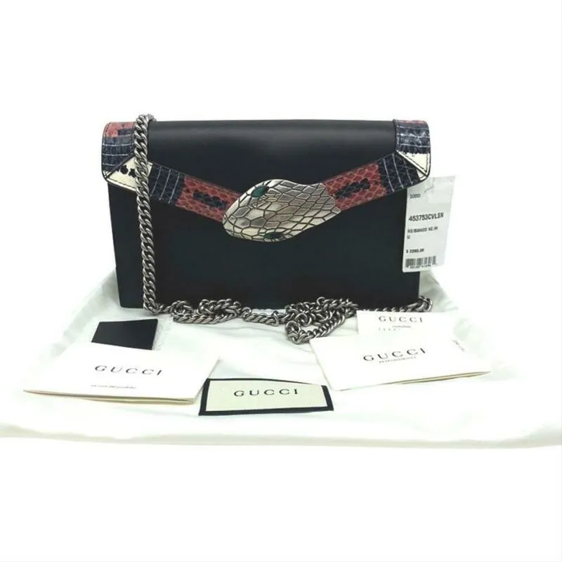 Gucci Chain Wallet Linea Snake Flap Black Leather Cross Body Bag