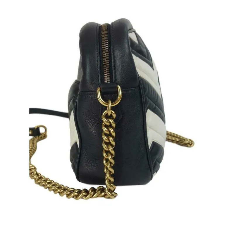 Gucci GG Chain Marmont Medium Zig Zag White Black Leather Shoulder Bag