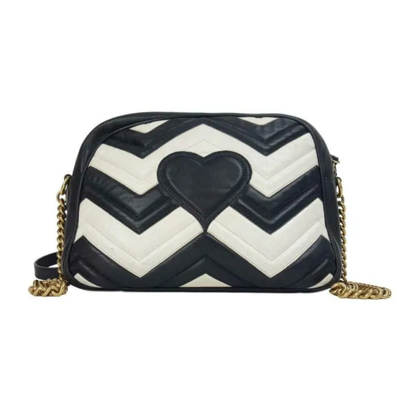 Gucci GG Chain Marmont Medium Zig Zag White Black Leather Shoulder Bag