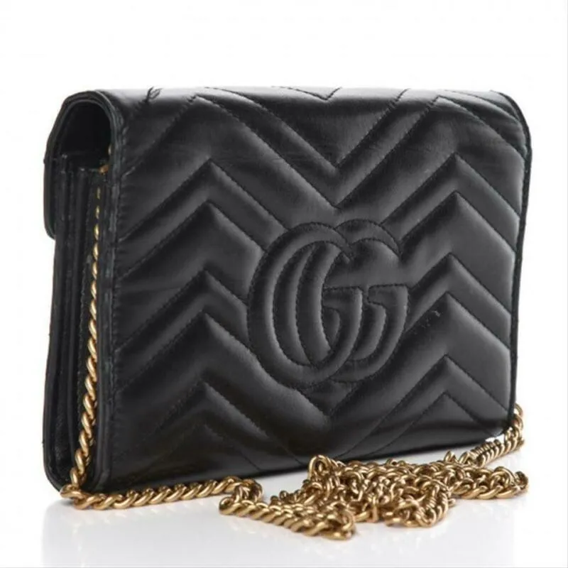 Gucci GG Chain Wallet Marmont Calfskin Black Matelassé Chevron Leather CrossBody