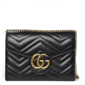 Gucci GG Chain Wallet Marmont Calfskin Black Matelassé Chevron Leather CrossBody