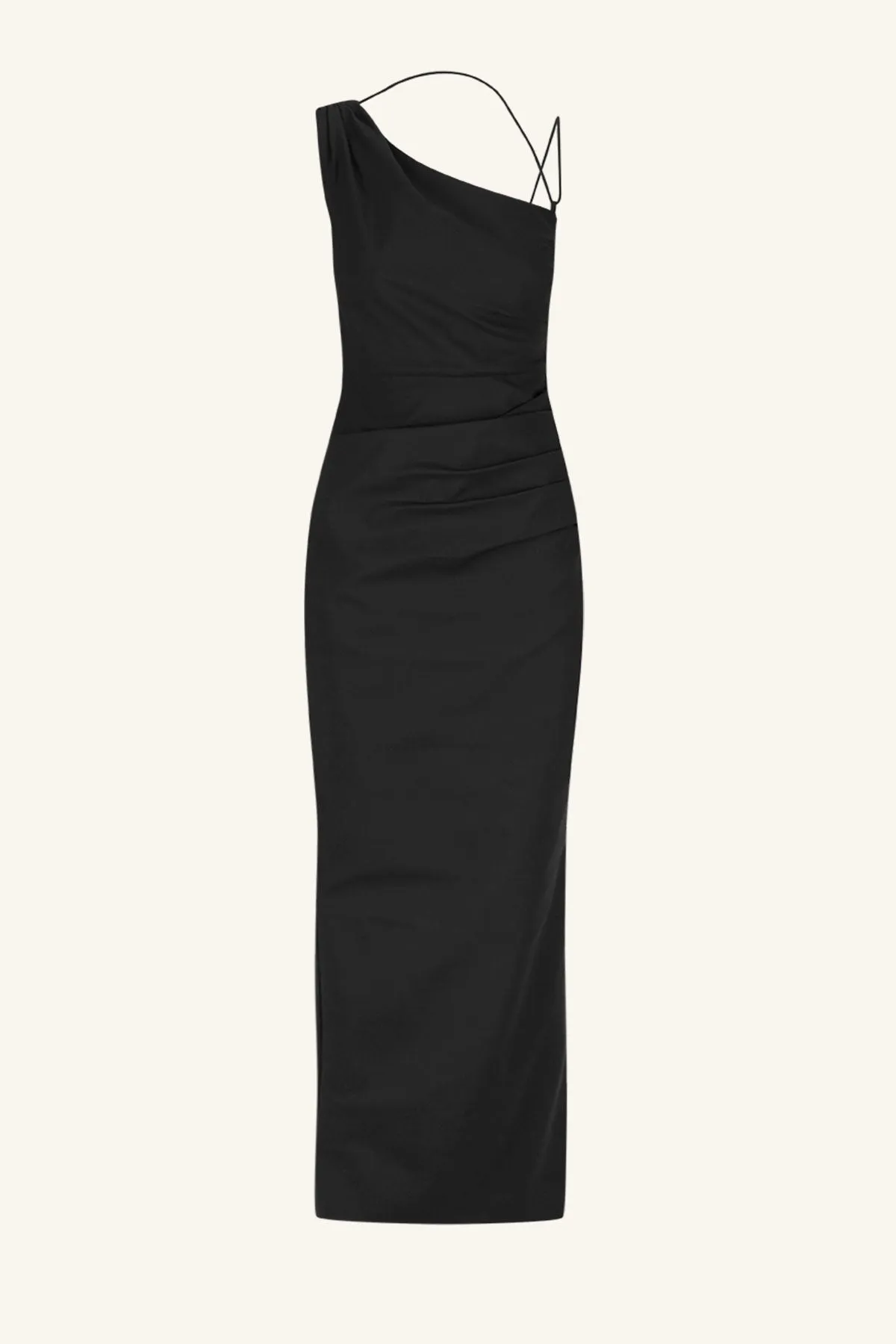 LANI ASYMMETRICAL GATHERED MAXI DRESS - BLACK