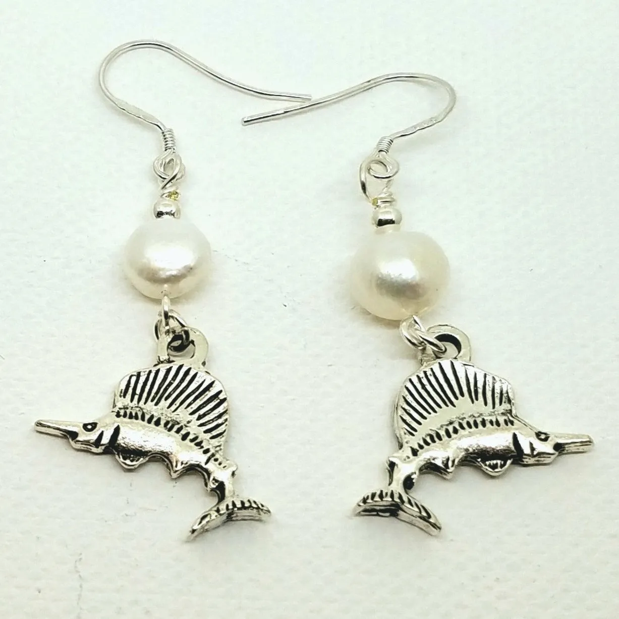 Marlin Fish & Fresh Water Pearl Earrings