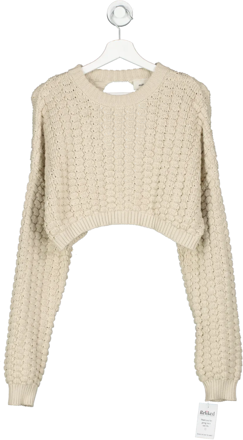 Milk It Beige Chunky Knit Cropped Open Back Sweater UK 12