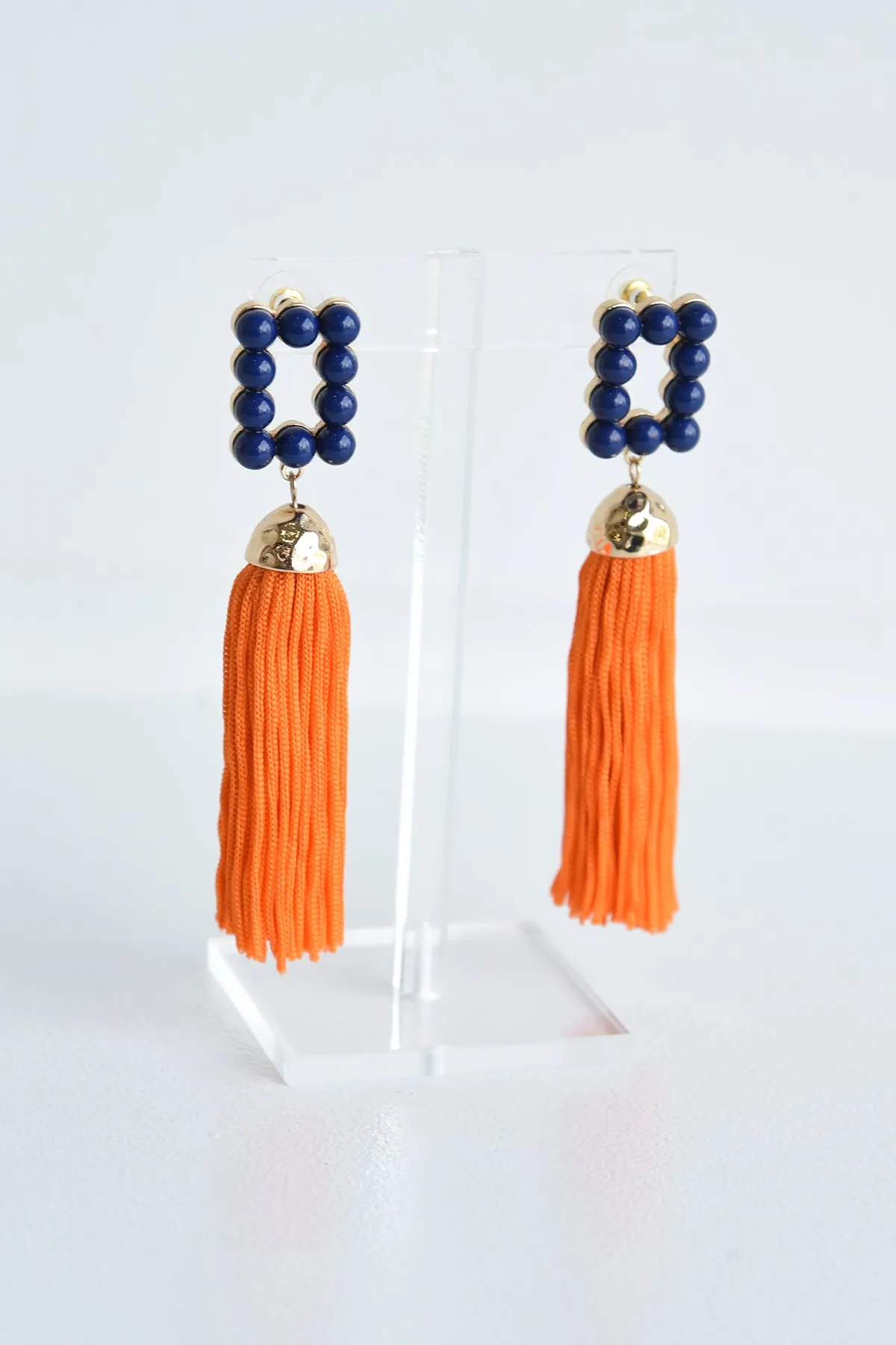 NAVY AND ORANGE TASSEL EARRINGS