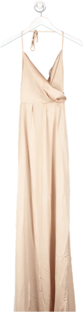 PrettyLittleThing Nude Halter Neck Silk Maxi Dress UK 6