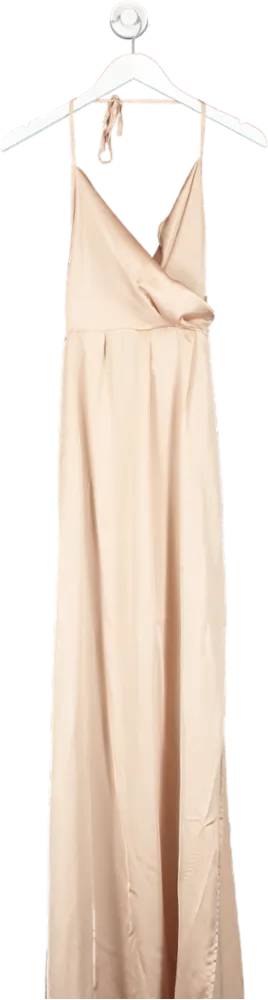 PrettyLittleThing Nude Halter Neck Silk Maxi Dress UK 6