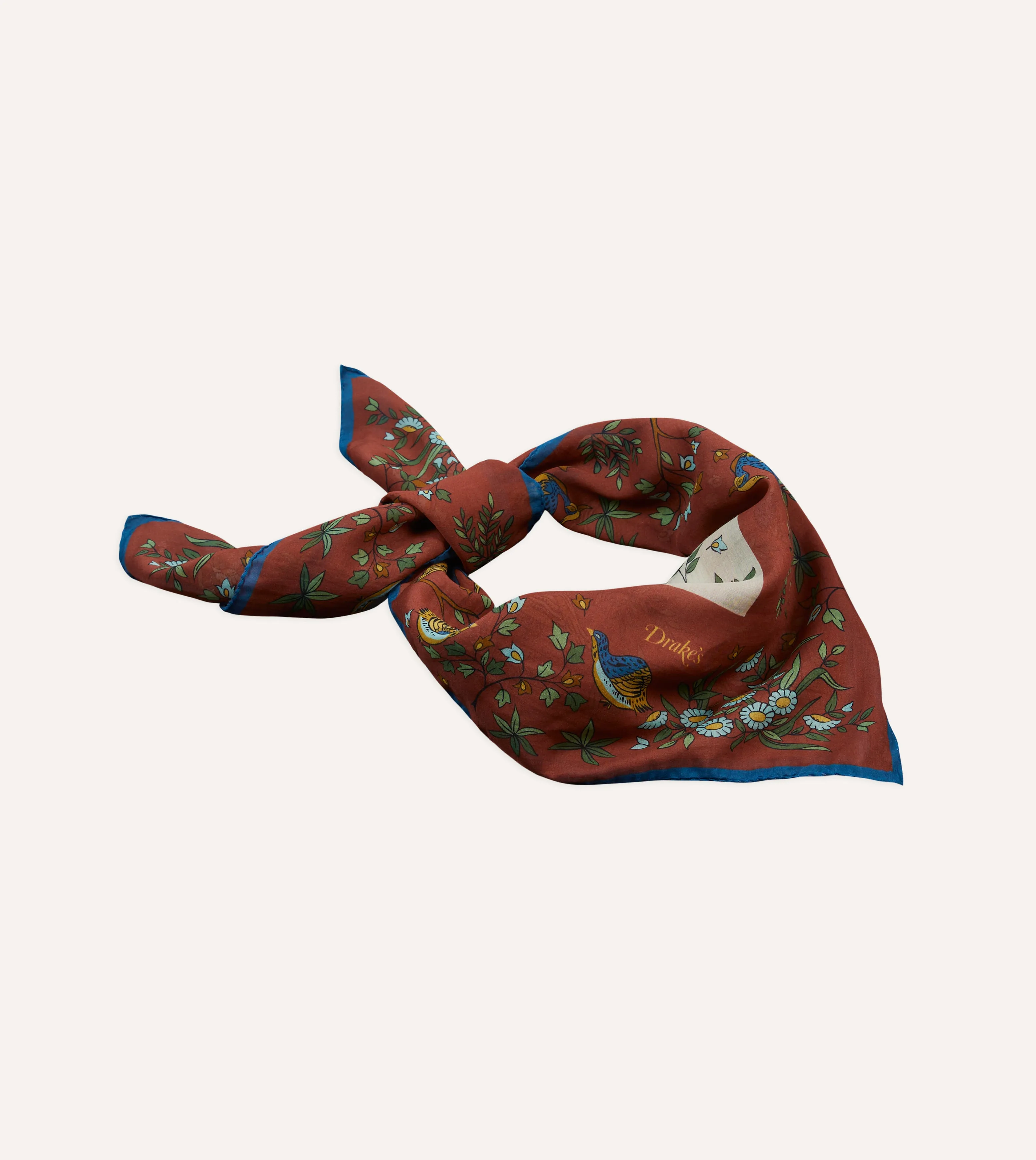 Red and Ecru Birds of Paradise Print Cotton-Silk Bandana