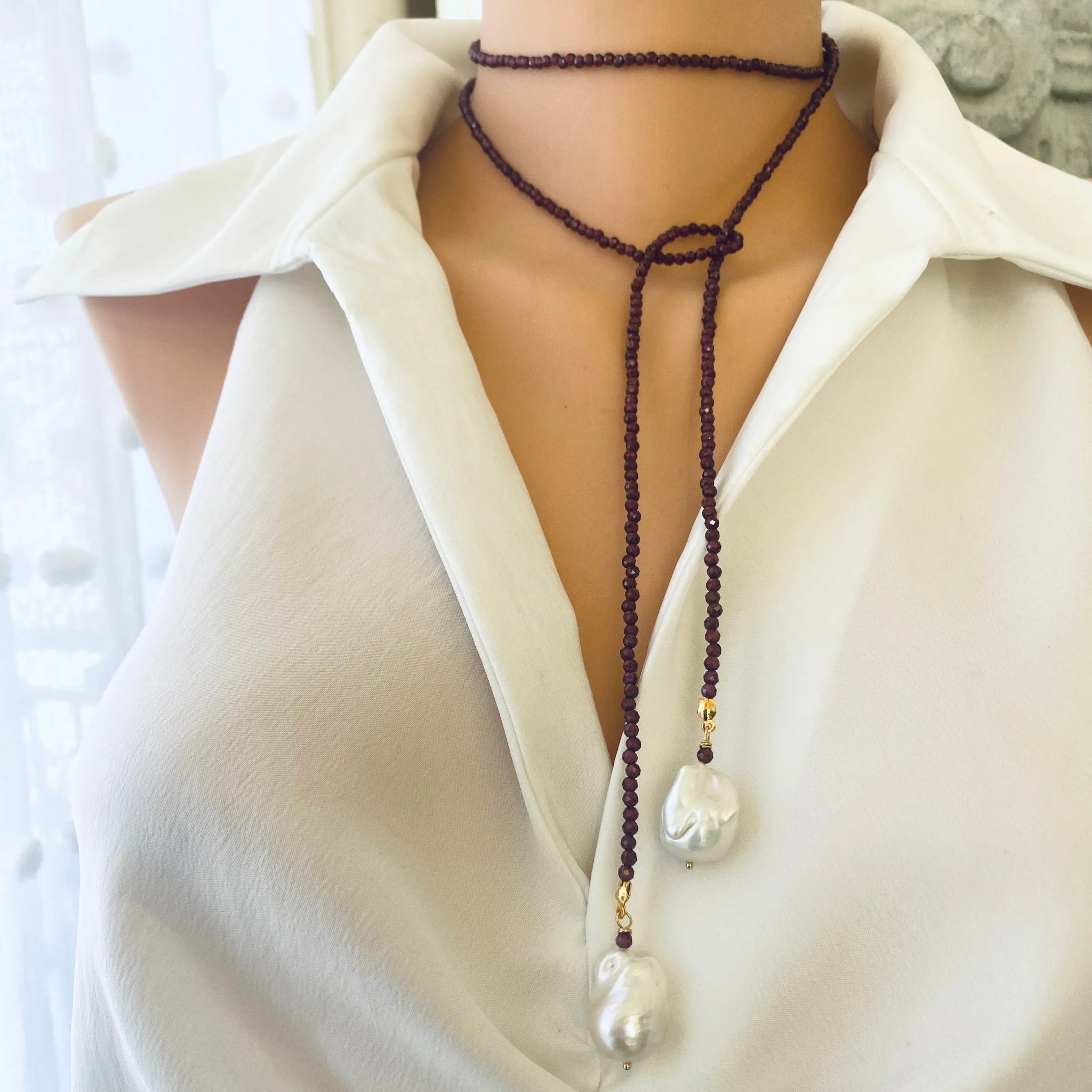 Red Garnet & two Large Baroque Pearls Lariat Necklace, January Birthstone, 42in