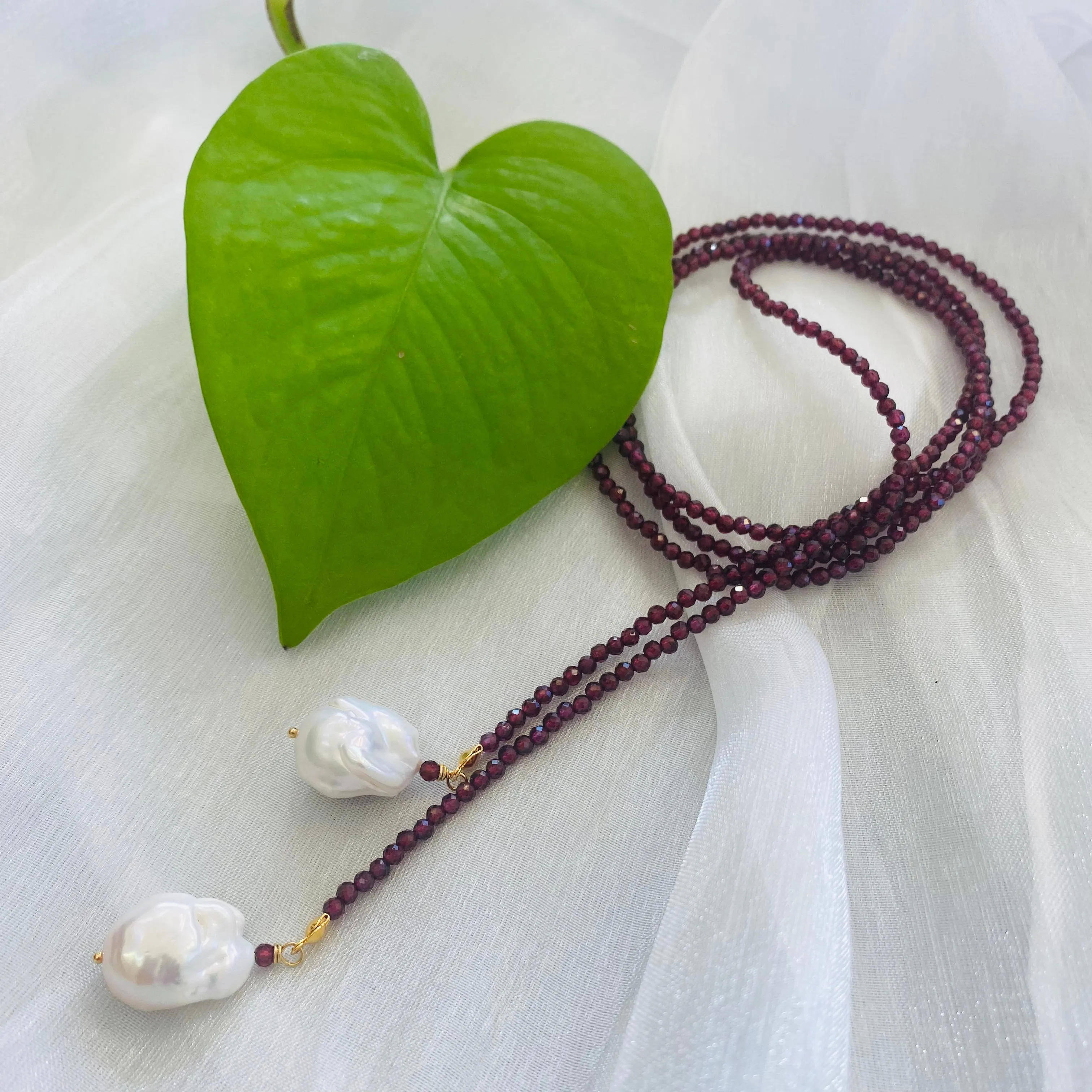 Red Garnet & two Large Baroque Pearls Lariat Necklace, January Birthstone, 42in