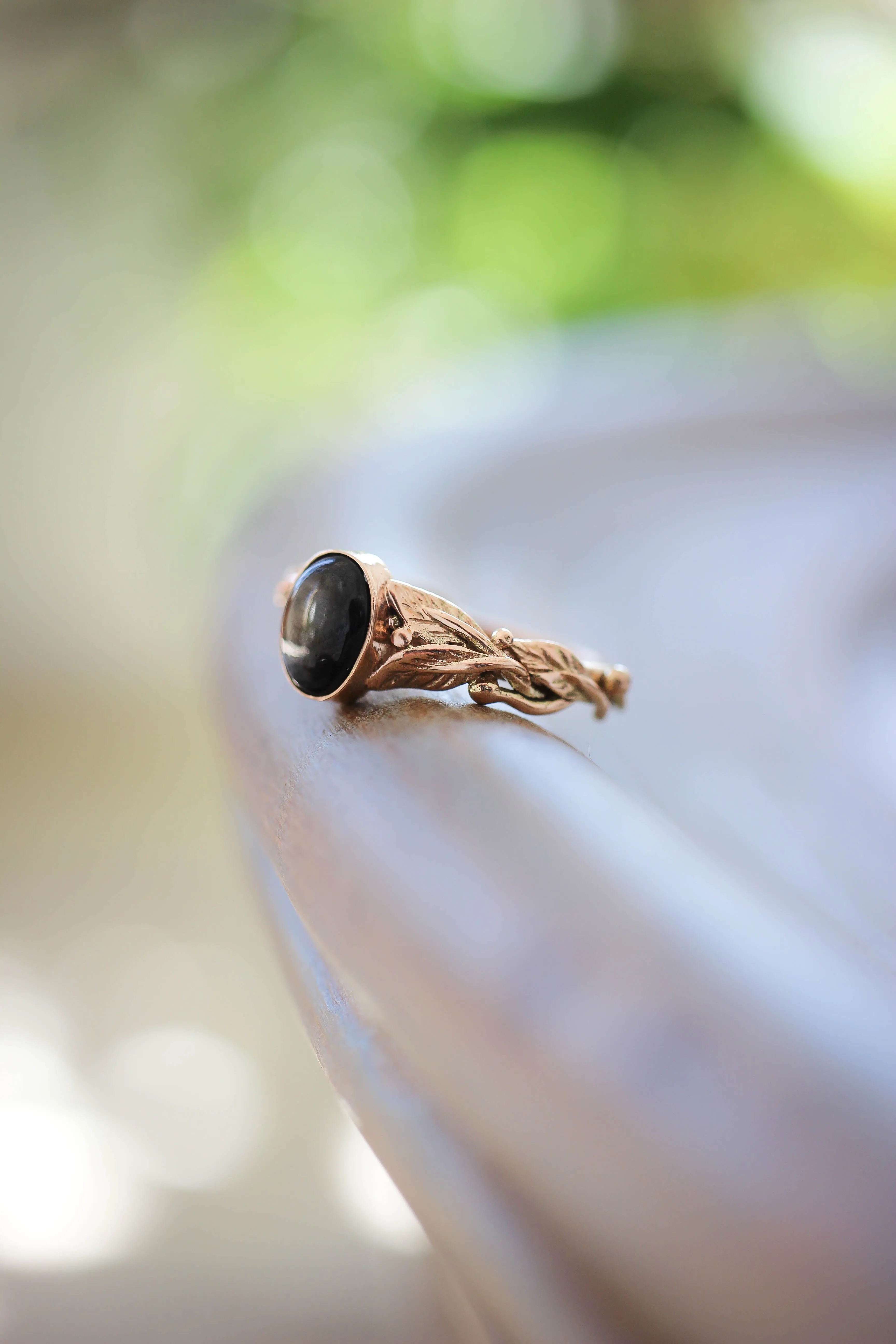 RESERVED: Black star sapphire engagement ring, leaves band / Cornus