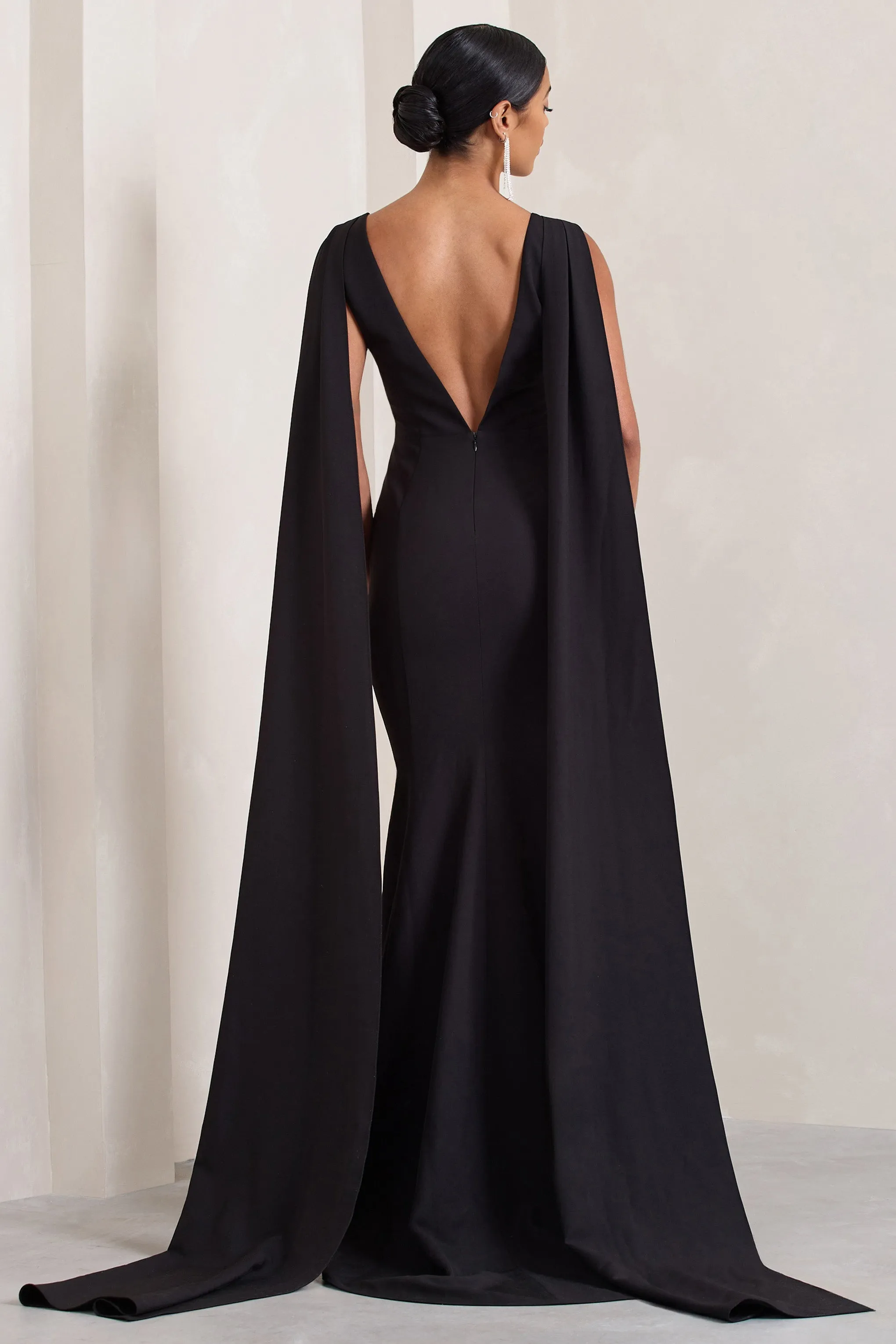 Rosaline | Black Plunging Fishtail Maxi Dress With Cape