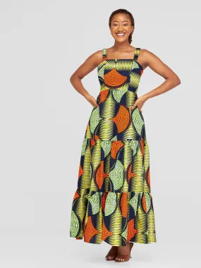 Safari Anga Strappy Tie Back Maxi Dress - Yellow / Orange Ankara Print