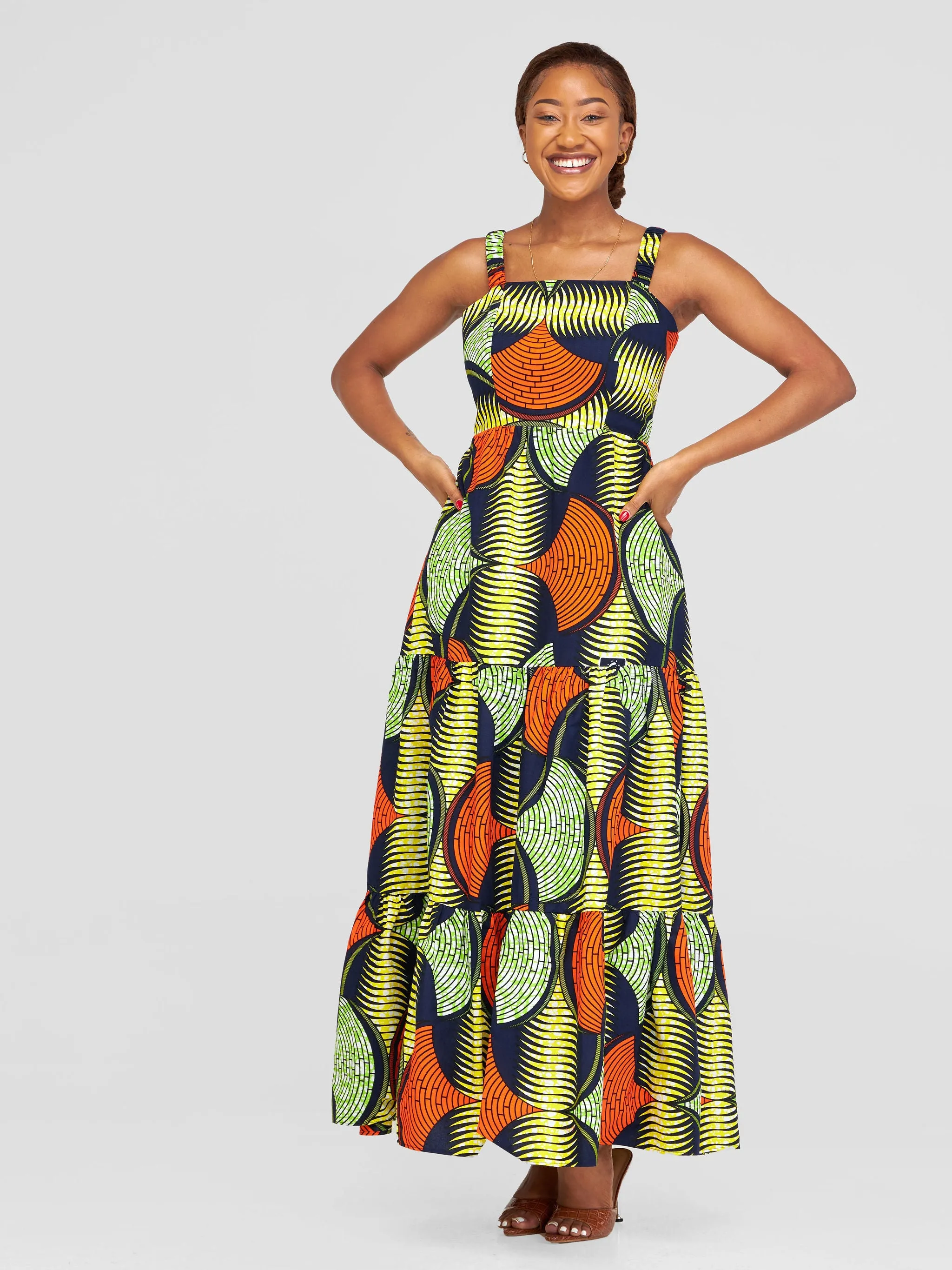 Safari Anga Strappy Tie Back Maxi Dress - Yellow / Orange Ankara Print