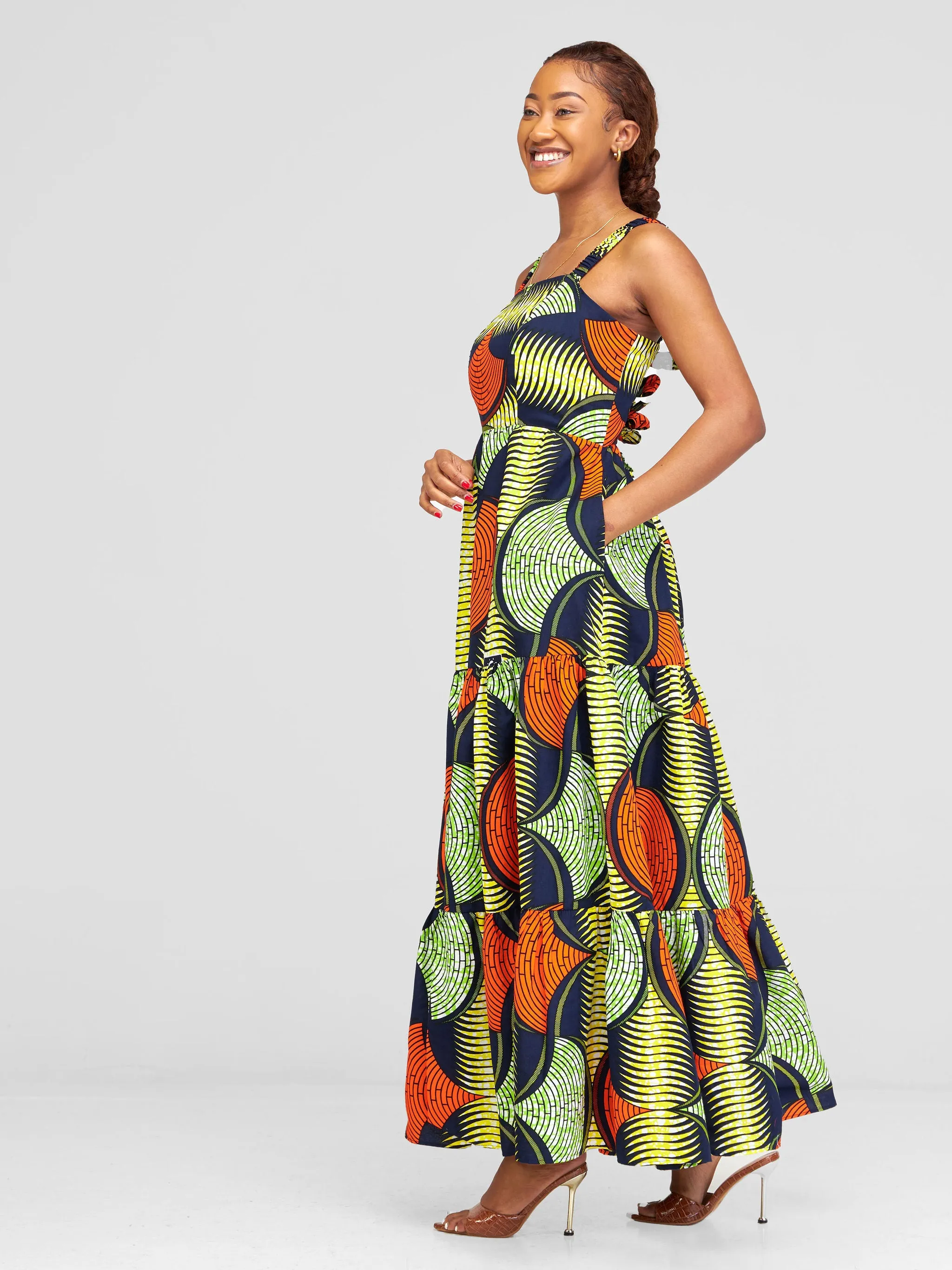 Safari Anga Strappy Tie Back Maxi Dress - Yellow / Orange Ankara Print