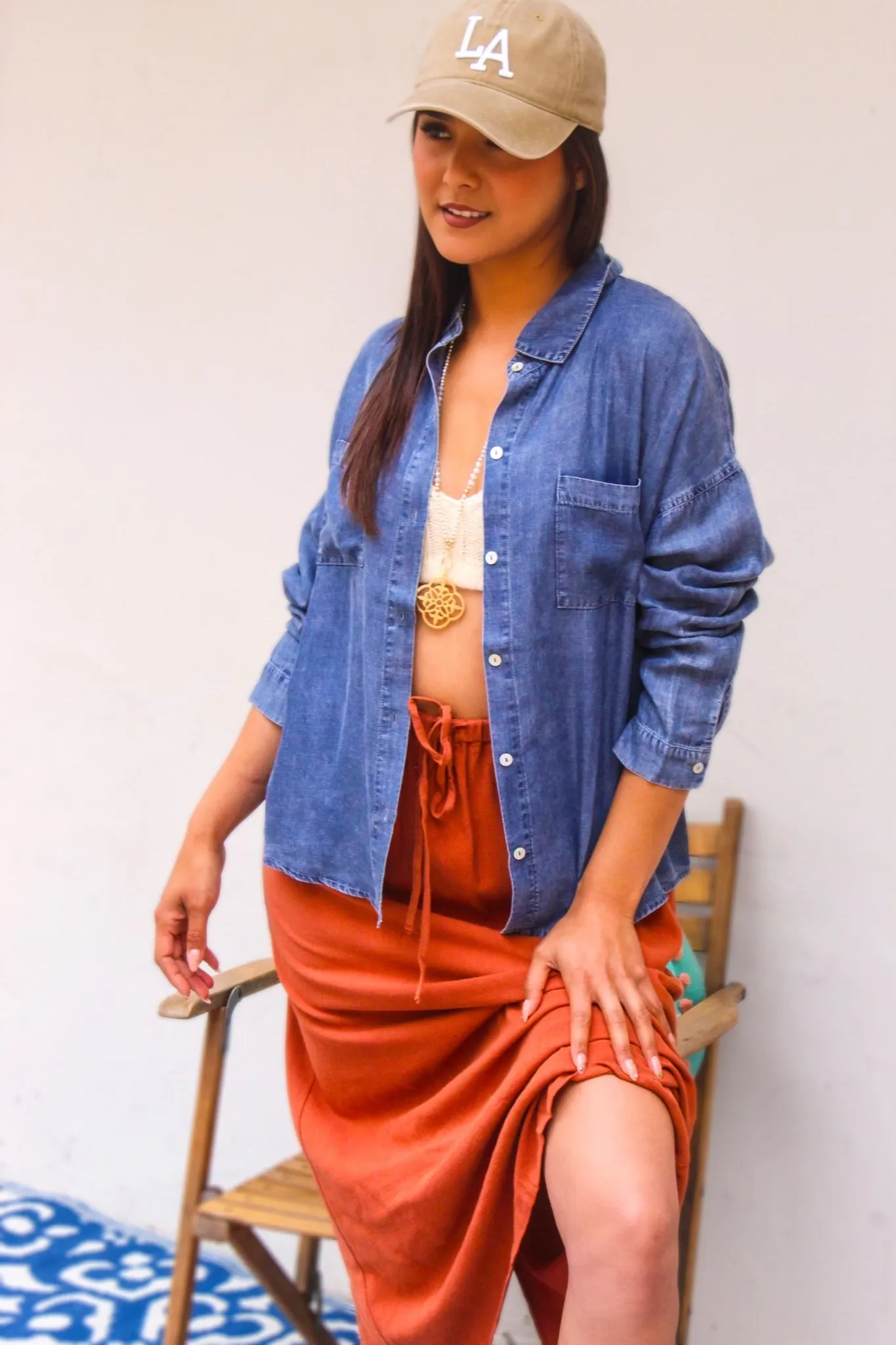 Santorini Chambray Button Down Top- Dark Wash