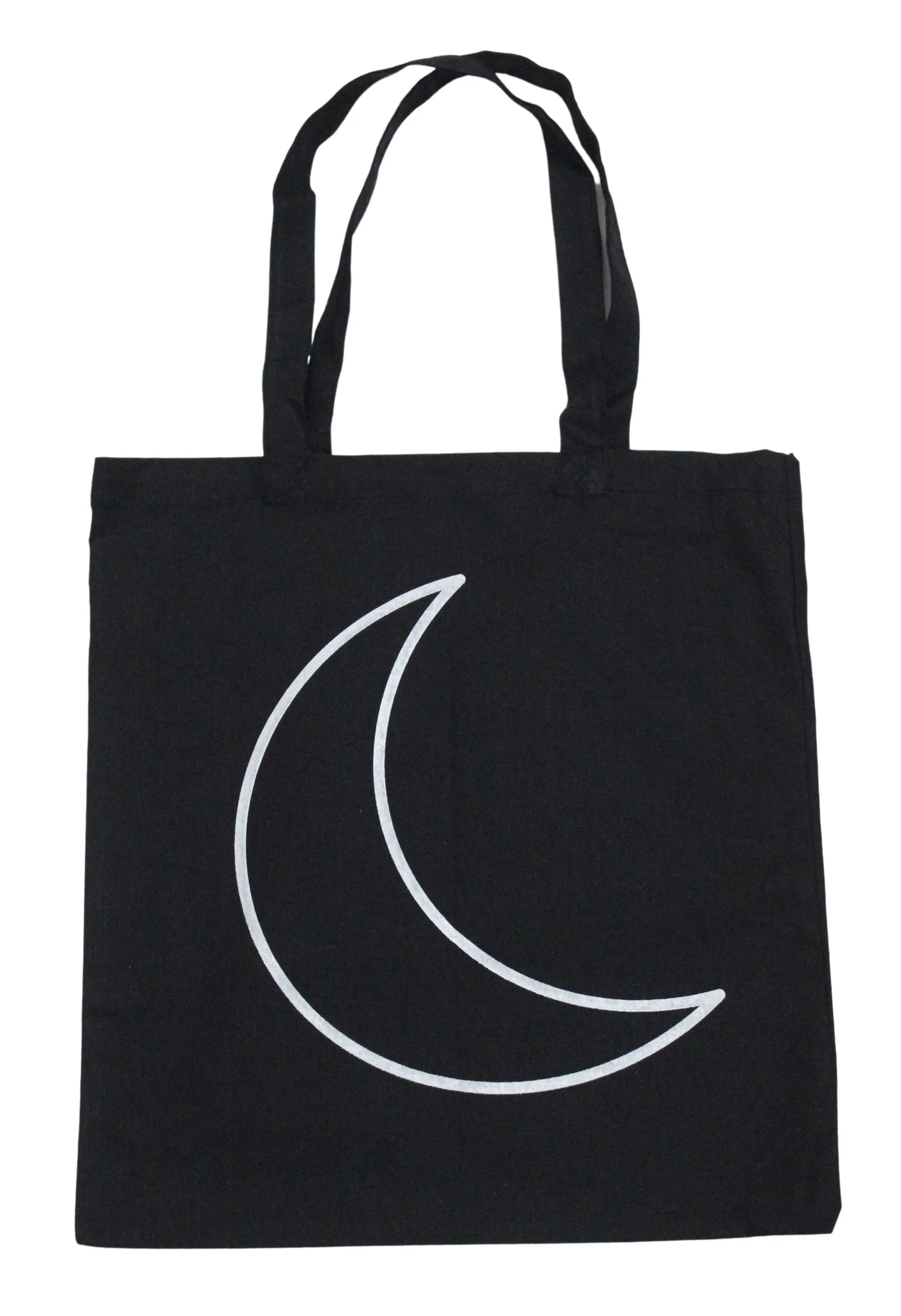 Silver Metallic Crescent Moon Reusable 15"x16" Black Canvas Tote Bag