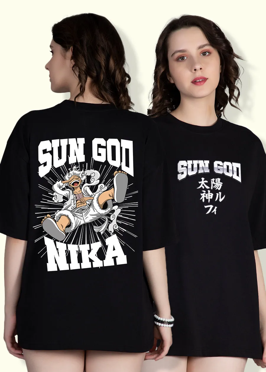 Sun God Printed Black Oversized T-shirt For Womens | Pronk