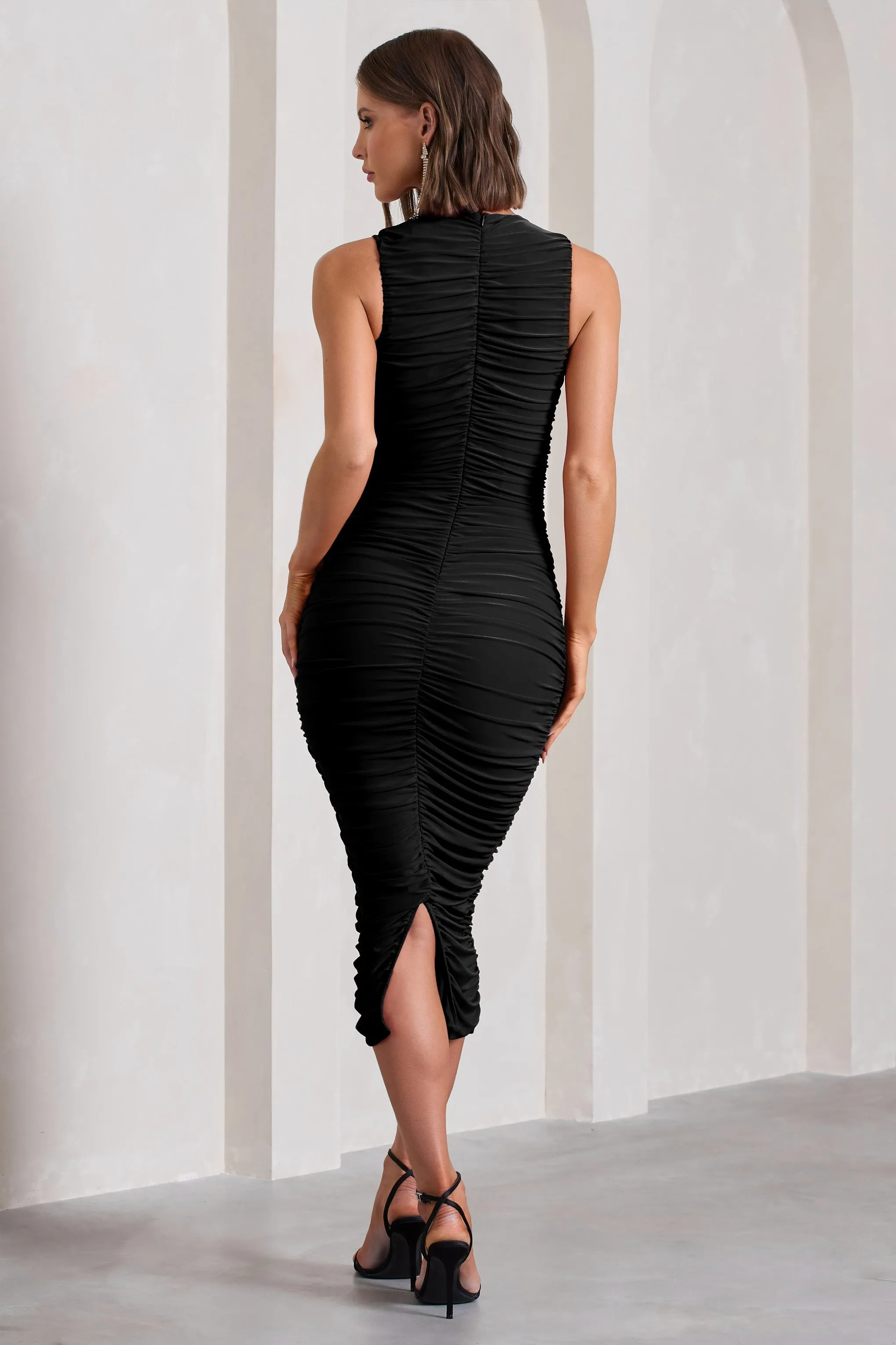 Tempting Fate | Black Ruched Bodycon V-Neck Midi Dress