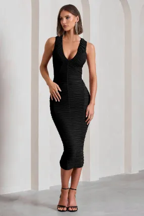 Tempting Fate | Black Ruched Bodycon V-Neck Midi Dress