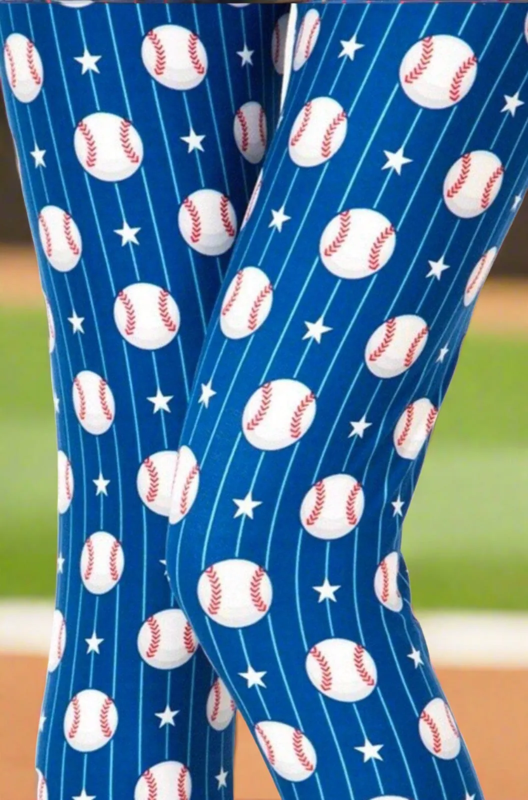 Womens Baseball Leggings, Soft Yoga Pants, Sizes 0-10, No-Roll Waist, Blue/White