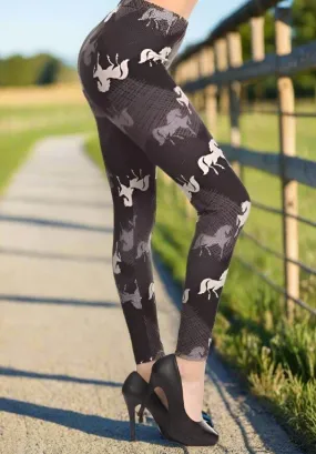 Womens Black Horse Leggings, Soft Yoga Pants, Sizes 18-22, No-Roll Waist, Black/White