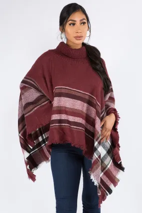 Womens Plaid Poncho Turtle Neck Sweater Brown/Black/White Size OS